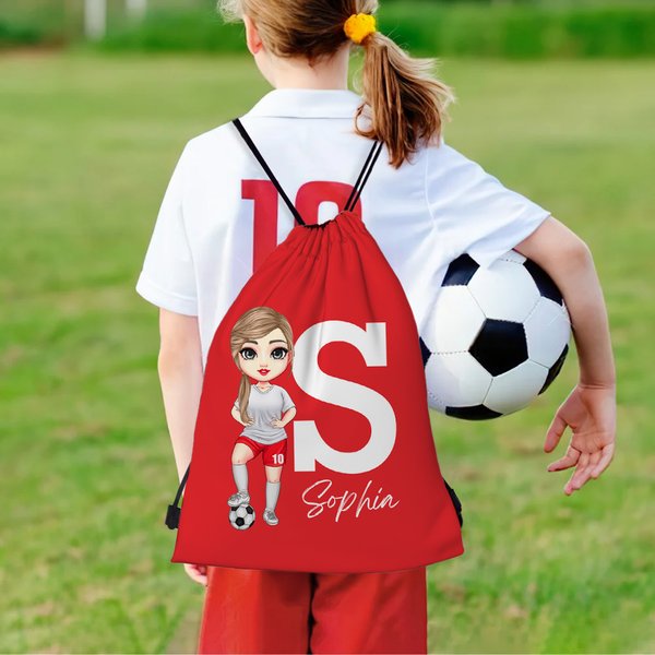 Mochila de cordón personalizada con el nombre y la inicial de un personaje de fútbol de dibujos animados Regalo de viaje para los amantes del deporte