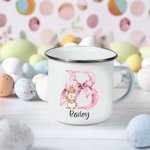 Personalised Cute Easter Bunny Pink Bow Initial 12oz Silver Rim Enamel Mug with Name Birthday Easter Party Favor Gift for Kids