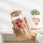 Personalised Coquette Bow Love Highland Cow Name 20oz Glass with Bamboo Lid and Straw Birthday Valentine's Day Gift for Women Girls