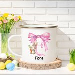 Personalised Cute Easter Bunny Pink Bow Initial 12oz Silver Rim Enamel Mug with Name Birthday Easter Party Favor Gift for Kids