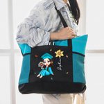 Personalized Cartoon Graduate Birth Flower Large Tote Bag with Name and Mesh Pockets Graduation Birthday Gift for Women