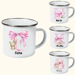 Personalised Cute Easter Bunny Pink Bow Initial 12oz Silver Rim Enamel Mug with Name Birthday Easter Party Favor Gift for Kids
