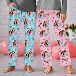 Personalized Colorful Heart Photo Portrait Long Pajama Pants with Name and Drawstring Valentine's Day Anniversary Gift for Women Men