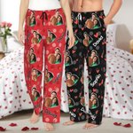 Personalized Colorful Heart Photo Portrait Long Pajama Pants with Name and Drawstring Valentine's Day Anniversary Gift for Women Men