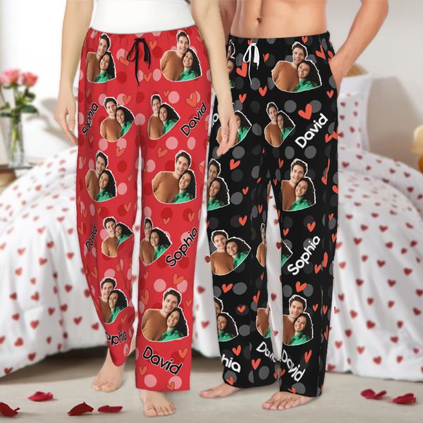 Pantaloni del pigiama lunghi con nome e coulisse personalizzati con foto ritratto del cuore, regalo di San Valentino per donne e uomini