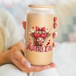 Personalised Coquette Bow Love Highland Cow Name 20oz Glass with Bamboo Lid and Straw Birthday Valentine's Day Gift for Women Girls