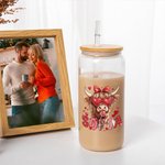 Personalised Coquette Bow Love Highland Cow Name 20oz Glass with Bamboo Lid and Straw Birthday Valentine's Day Gift for Women Girls