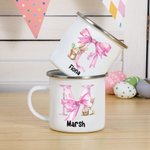 Personalised Cute Easter Bunny Pink Bow Initial 12oz Silver Rim Enamel Mug with Name Birthday Easter Party Favor Gift for Kids