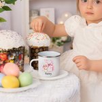 Personalised Cute Easter Bunny Pink Bow Initial 12oz Silver Rim Enamel Mug with Name Birthday Easter Party Favor Gift for Kids