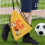 Mochila de cordón personalizada con el nombre y la inicial de un personaje de fútbol de dibujos animados Regalo de viaje para los amantes del deporte