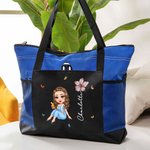 Personalized Cartoon Graduate Birth Flower Large Tote Bag with Name and Mesh Pockets Graduation Birthday Gift for Women