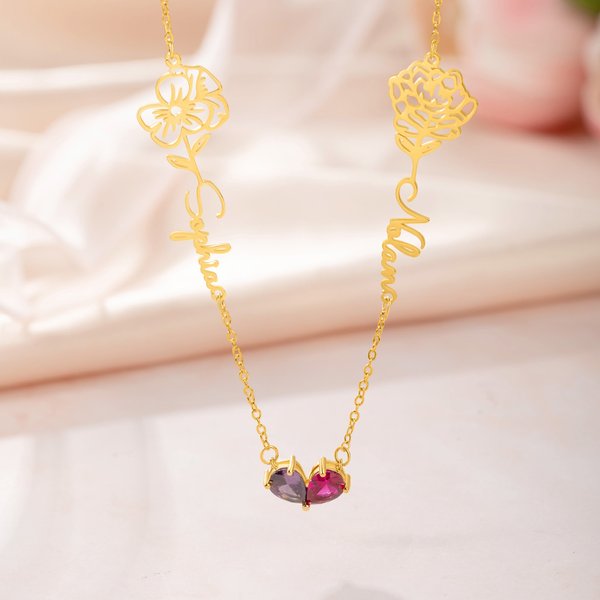 Collana con ciondolo di pietre di nascita a forma di cuore personalizzato con fiore di compleanno e nome regalo di San Valentino per le donne