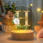 Personalizada Floral Inicial Nombre Combinación LED Luz de Noche con Base de Madera Linda Decoración de Habitación Cumpleaños Baby Shower Regalo para Niños