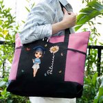 Personalisierte Cartoon Graduate Geburt Blume große Tragetasche mit Namen und Mesh-Taschen Reisen Graduierung Geburtstag Geschenk für Frauen Mädchen