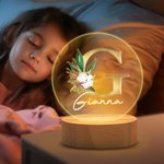 Personalizada Floral Inicial Nombre Combinación LED Luz de Noche con Base de Madera Linda Decoración de Habitación Cumpleaños Baby Shower Regalo para Niños