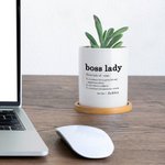 Pot de fleurs en céramique personnalisé avec nom et base en bambou Cadeau de promotion pour femme patronne