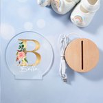 Personalizada Floral Inicial Nombre Combinación LED Luz de Noche con Base de Madera Linda Decoración de Habitación Cumpleaños Baby Shower Regalo para Niños