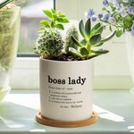 Pot de fleurs en céramique personnalisé avec nom et base en bambou Cadeau de promotion pour femme patronne