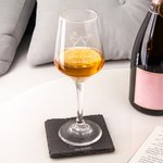 Personalized Cheers Goblet Wine Glass and Slate Coaster Set with Engraved Name and Date Valentine's Day Anniversary Wedding Gift for Couples