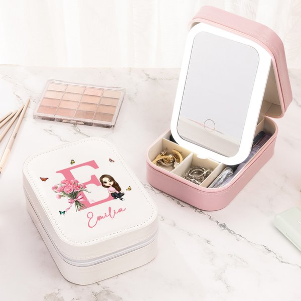 Personalizzato personaggio dei cartoni animati Scatola portagioie in pelle con fiore di nascita e luce LED Specchio per trucco da viaggio Regalo di compleanno essenziale per le donne