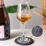 Personalized Cheers Goblet Wine Glass and Slate Coaster Set with Engraved Name and Date Valentine's Day Anniversary Wedding Gift for Couples
