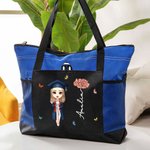 Personalisierte Cartoon Graduate Geburt Blume große Tragetasche mit Namen und Mesh-Taschen Reisen Graduierung Geburtstag Geschenk für Frauen Mädchen