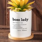Pot de fleurs en céramique personnalisé avec nom et base en bambou Cadeau de promotion pour femme patronne