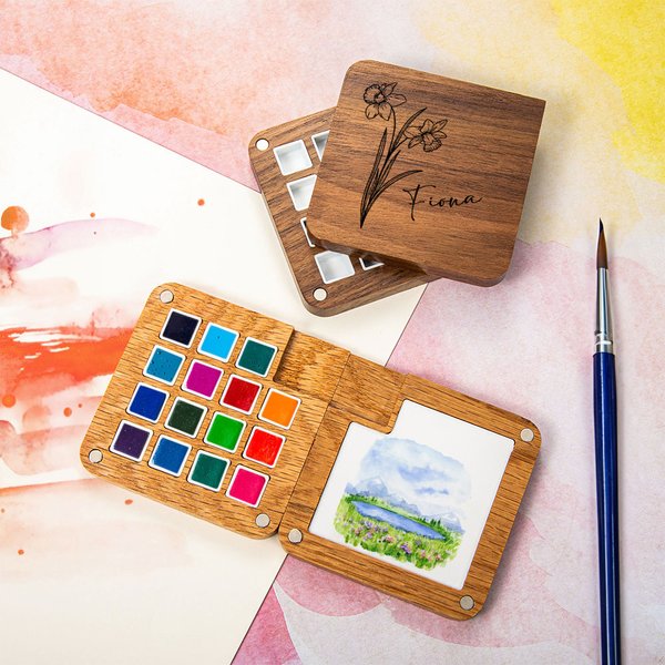 Personalized Birth Flower Portable Wooden Watercolor Palette Drawing Board with Name Outdoor Painting Supply Birthday Gift for Painters