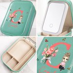 Personalizzato personaggio dei cartoni animati Scatola portagioie in pelle con fiore di nascita e luce LED Specchio per trucco da viaggio Regalo di compleanno essenziale per le donne