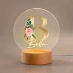 Personalizada Floral Inicial Nombre Combinación LED Luz de Noche con Base de Madera Linda Decoración de Habitación Cumpleaños Baby Shower Regalo para Niños