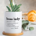 Pot de fleurs en céramique personnalisé avec nom et base en bambou Cadeau de promotion pour femme patronne