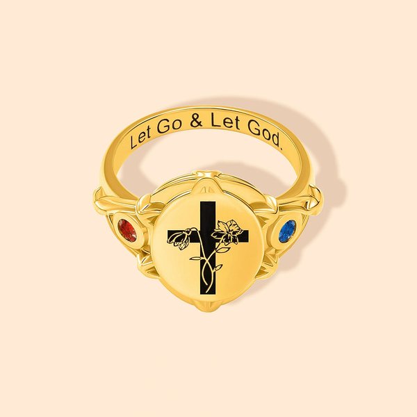 Personalised Star of Bethlehem Engraved Two Birth Flowers with Cross Signet Ring with Birthstones and Text Easter Baptism Gift for Christian Women