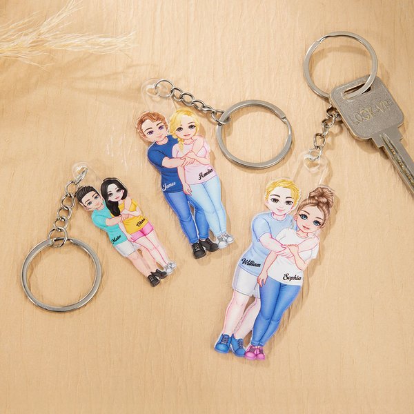 Personalised Couple Cartoon Hugging Acrylic Keychain with Name Valentine's Day Anniversary Bag Charms Gift for Couples