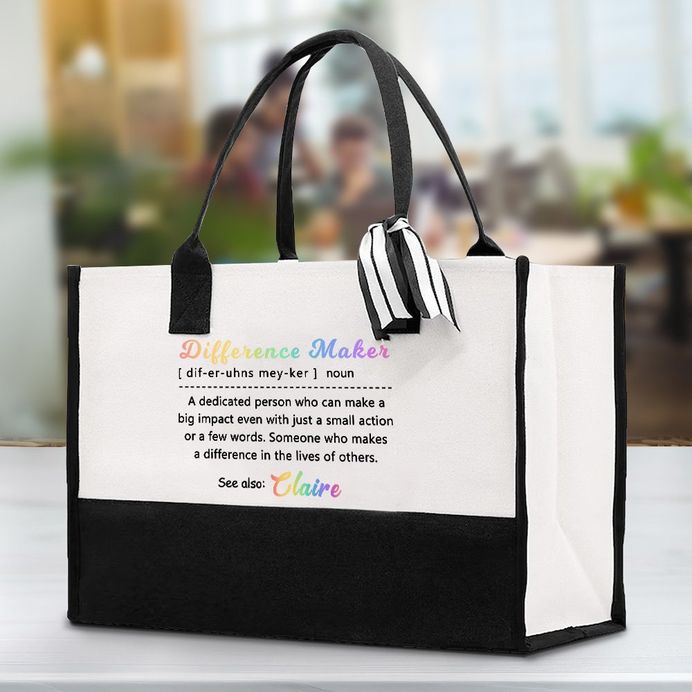 Personalized Colored Difference Maker Definition Large Canvas Tote Bag with Name Birthday Appreciation Gift for Leaders Coworkers Women 2