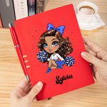 Personalized Cartoon Cheerleader Girl Leather A5 Lined Journal Notebook Pen Set with Name Birthday Game Day Office Gift for Women Girls