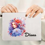 Personalised Anthropomorphic Birth Flower Linen Makeup Bag with Wrist Strap and Name Birthday Travel Accessories Gift for Women