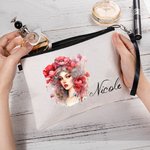 Personalised Anthropomorphic Birth Flower Linen Makeup Bag with Wrist Strap and Name Birthday Travel Accessories Gift for Women