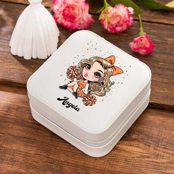 Boîte à bijoux en cuir personnalisée avec nom pour Cheerleading Girl Accessoire de voyage Cadeau d'anniversaire pour les femmes et les filles