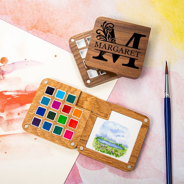 Personalized Initial Wooden 15 Grid Mini Magnetic Watercolor Paint Palette with Name and Clip Portable Painting Supplies Gift for Painter Artist