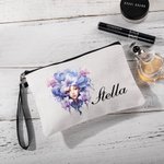 Personalised Anthropomorphic Birth Flower Linen Makeup Bag with Wrist Strap and Name Birthday Travel Accessories Gift for Women