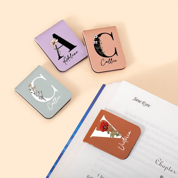 Personalized Birth Flower Magnetic Leather Bookmark Clip with Name and Initial School Office Stationery Supplies Gift for Bookworms Book Lovers