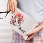 Personalised Anthropomorphic Birth Flower Linen Makeup Bag with Wrist Strap and Name Birthday Travel Accessories Gift for Women