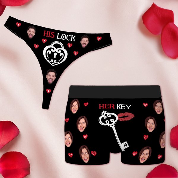 Personifierad flerfärgad His Lock Her Key Par Thong Boxer Kalsonger med ansiktsfoto Rolig Brief Set Alla hjärtans dag Födelsedagspresent till honom henne