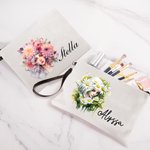 Personalised Anthropomorphic Birth Flower Linen Makeup Bag with Wrist Strap and Name Birthday Travel Accessories Gift for Women