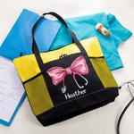 Personalized Medical Bow Stethoscope Large Name Tote Bag with Mesh Pockets Travel Accessories Birthday Nurses Week Appreciation Gift for Medical Staff