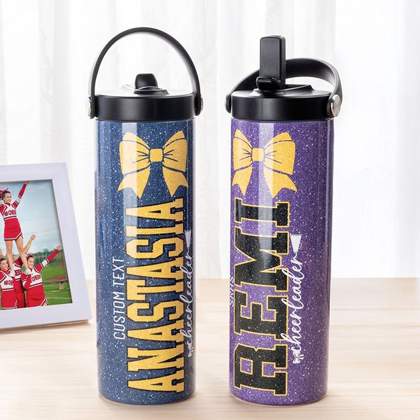 Personlig Glitter Bow Cheerleader 20 oz Sportvattenflaska med text Bärbar Cheerleading-gåva för Cheerleader