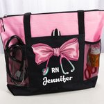 Personalized Medical Bow Stethoscope Large Name Tote Bag with Mesh Pockets Travel Accessories Birthday Nurses Week Appreciation Gift for Medical Staff