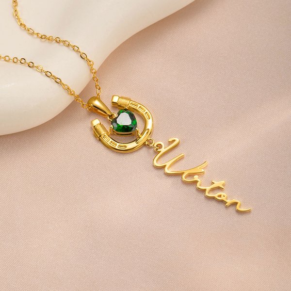 Personalized Lucky and Love Horseshoe Necklace with Heart Birthstone and Name Birthday Anniversary Gift for Women Horse Lovers