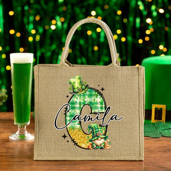 Personalizzato fortunato cappello Shamrock Gnomo Doodle Lettera Iuta Tote Bag con nome Riutilizzabile Festa di San Patrizio Regalo per bambini Famiglia