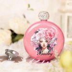 Personalized Anthropomorphic Birth Flower Wine Bottle Hip Flask with Name and Glittery Lid Mother's Day Bridesmaid Birthday Gift for Women
